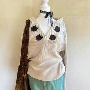 Y2K Bella Swan Toggle Button Cream Cable Knit Sweater Hoodie Boho Grunge Size L